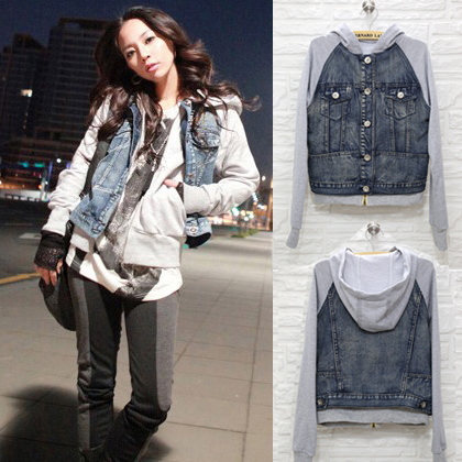 Cap faux two piece set short design denim outerwear 12086 free shipping