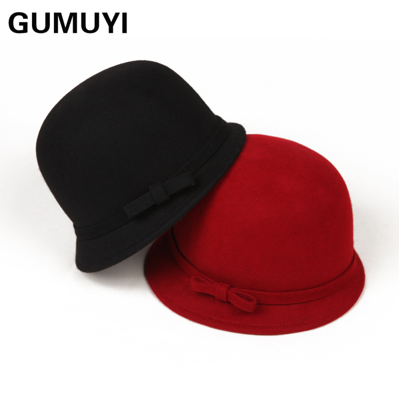 Cap female autumn and winter hot pepper pure woolen small fedoras bucket hats bow female hat