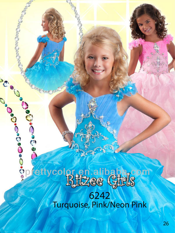 cape sleeve floor length ruched organza tiered skirt blue pink flower rhinestone pageant dress girls puffy dresses