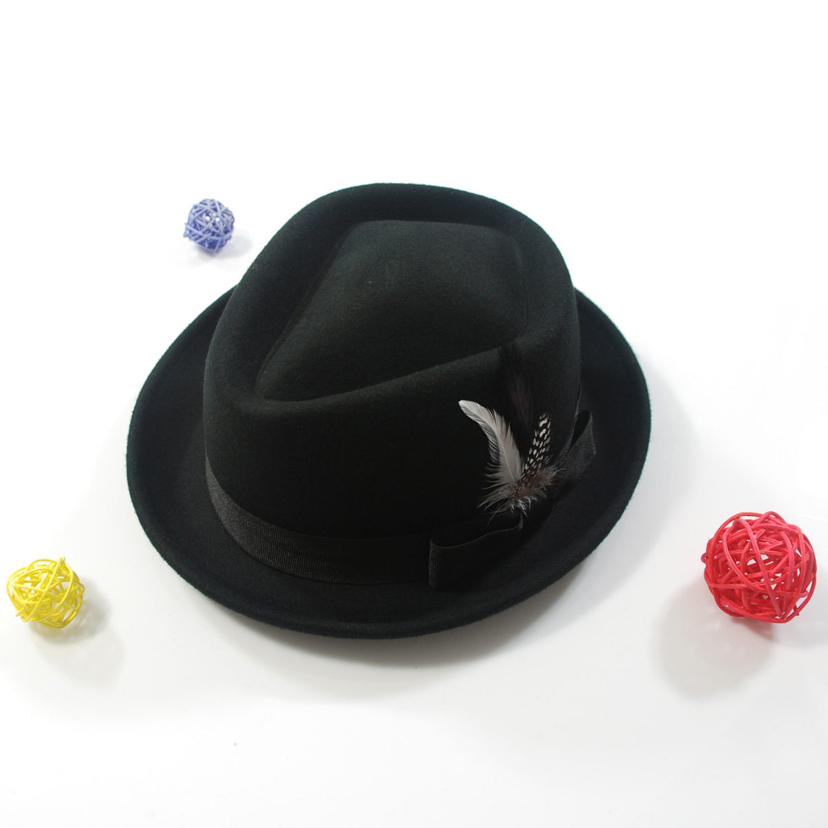 Captale pure woolen fashion feather bow vintage jazz hat roll-up hem small fedoras autumn and winter