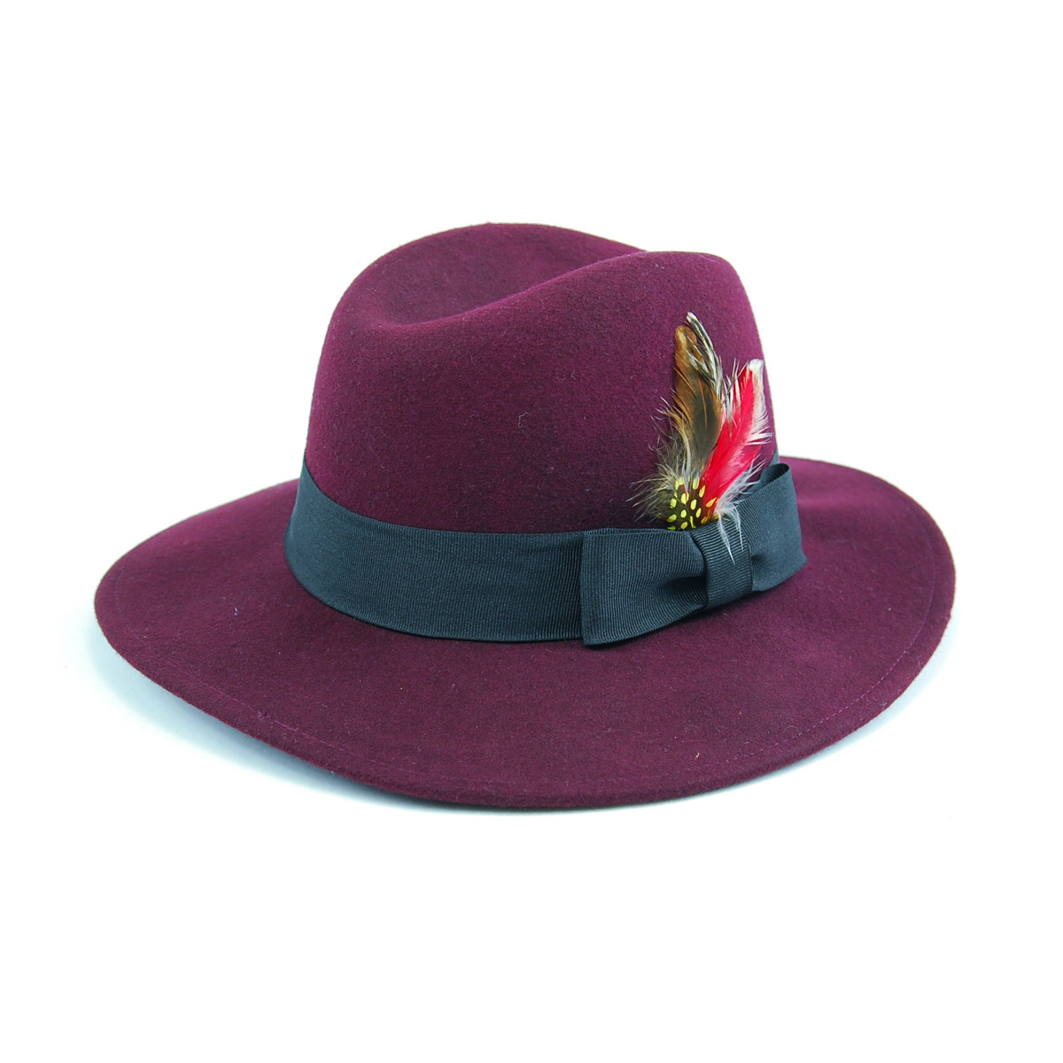 Captale pure woolen Wine red big fedoras large brim hat female autumn and winter feather
