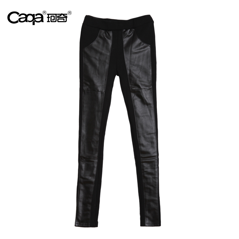Caqa women's legging autumn and winter thickening patchwork leather pants female trousers boot cut jeans dk1113