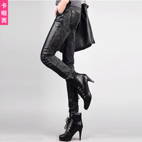 Card 2012 female women's patchwork skinny pants leather pants tight-fitting ankle length trousers legging