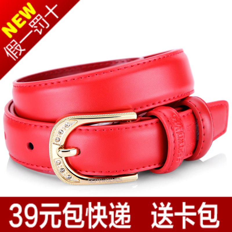 Card holder SEPTWOLVES strap women's red genuine leather belt female pin buckle cowhide rhinestone