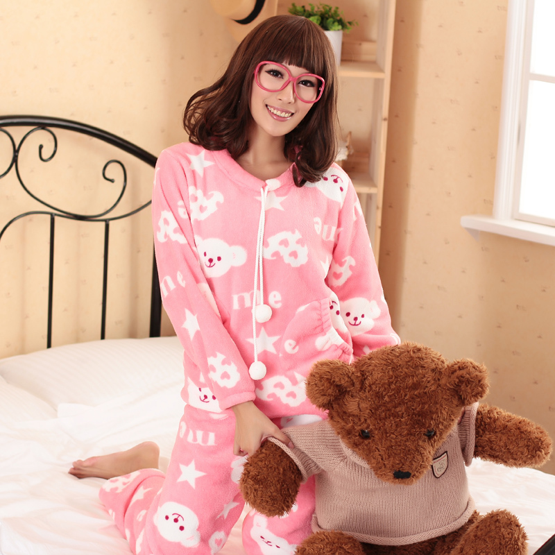 Carrie pure winter coral fleece sleepwear pullover bear women's thickening thermal lounge