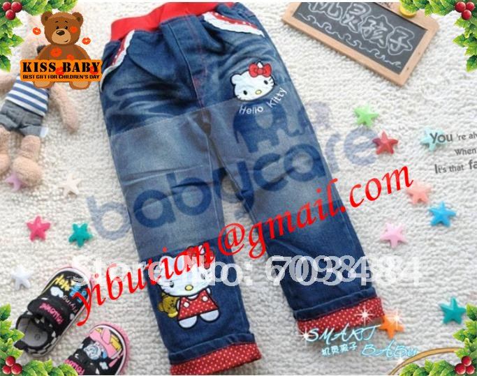 Carton Style Elastic Waist Jeans Pant For Little Girl Light Washing Drop Shipping