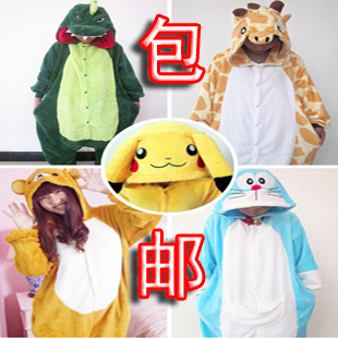 Cartoon animal cow thatmany stitch with a hood coral fleece one piece sleepwear female autumn and winter
