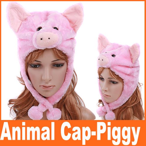 Cartoon Animal Hat Pink Pig Cute Fluffy Plush Warm Hat Caps Free Shipping wholesale