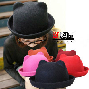 Cartoon bear hat cat ears pure woolen roll-up hem dome hat female autumn and winter parent-child cap