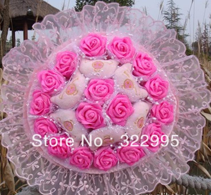 Cartoon bouquet / cute pig powder Rose dried flowers toy fake bouquet Valentine's Day Christmas gift ZA610