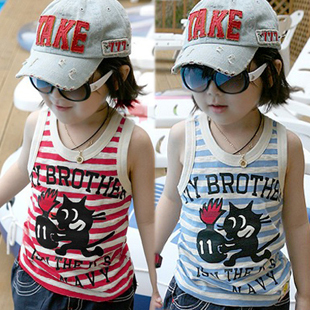 Cartoon cat stripe knitted t-shirt vest 2012 summer baby child boys clothing 4682