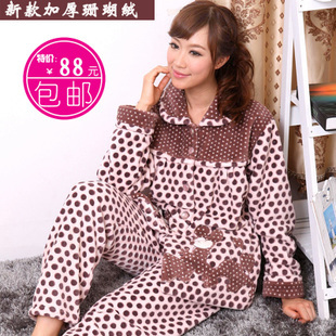 Cartoon dot MICKEY women's thermal long-sleeve thickening coral fleece sleepwear female set winter lounge