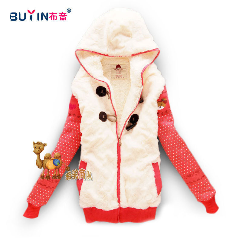 Cartoon horn button zipper lamb's with a hood wadded jacket thermal cotton-padded jacket female short jacket