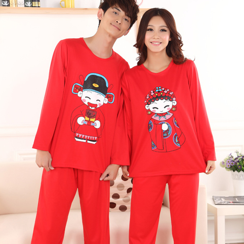 Cartoon lovers sleepwear female long-sleeve cotton set lounge male thickening plus size