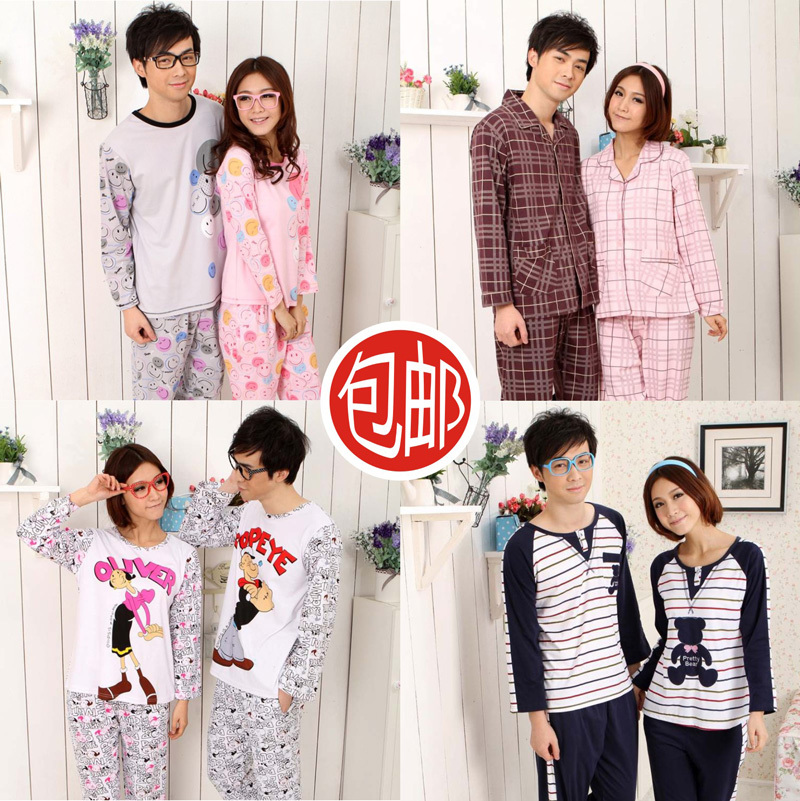 Cartoon lovers sleepwear long-sleeve female knitted cotton set male thickening plus size lounge