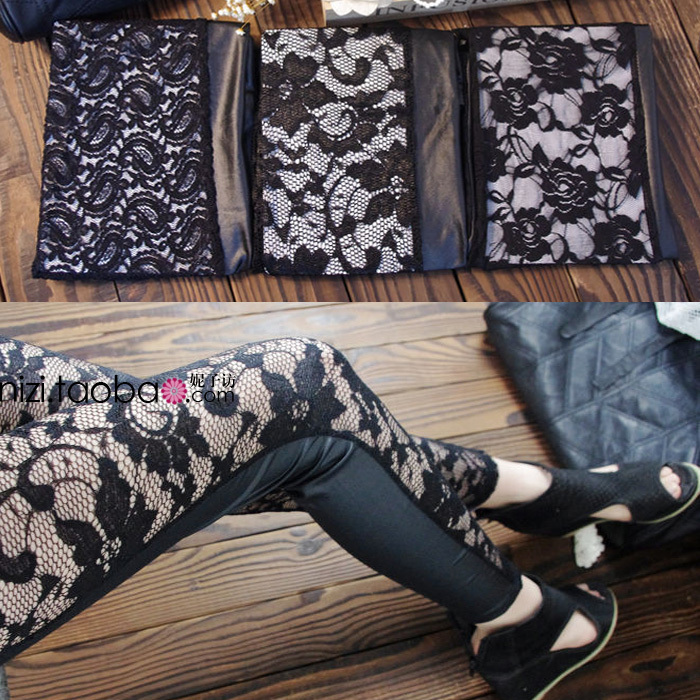 Cashers black lace rose flowers after matt faux leather patchwork ankle length legging boot cut jeans