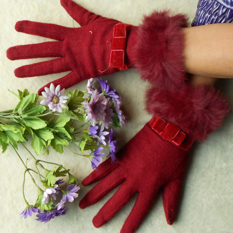 Cashmere gloves quality women's rabbit fur large leather wool gloves cute