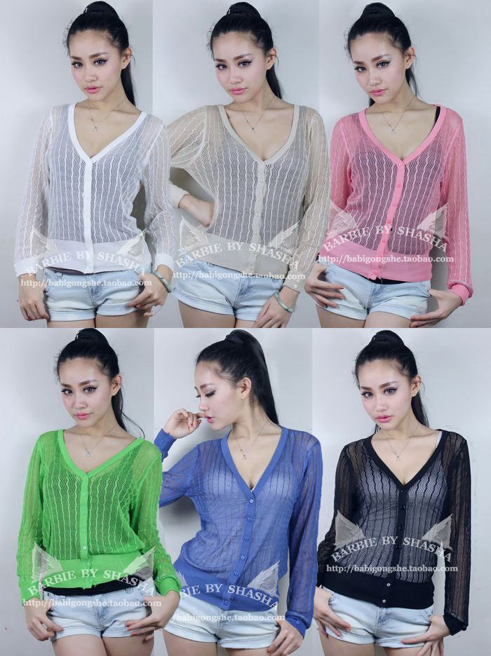 Casual all-match cutout crochet button decoration V-neck short top cardigan 7