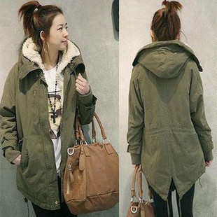 Casual berber fleece liner large fur collar army overcoat outerwear Army Green wadded jacket female thickening medium-long