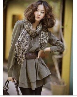 Casual/Career Lady Collarless Long Sleeve Pleated Tiered Mini Dress 3pcs dress+Scarf +belt(S M L XL XXL)917