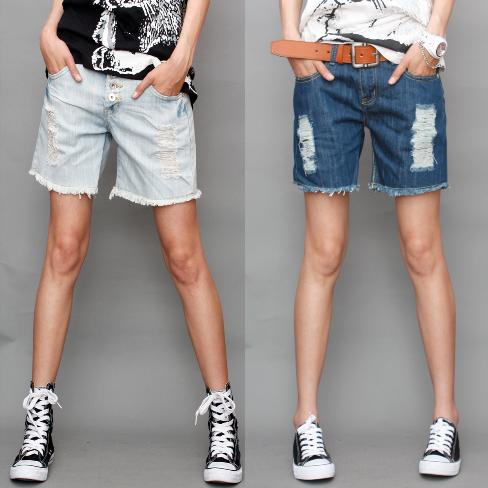 Casual denim shorts hole light color zipper is a button female shorts high waist loose straight shorts