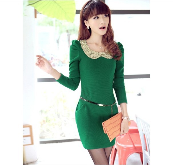 Casual Dress 2012 Women's Knitted Peter pan Collar Sequined Dress Korean Slim Fit Cute Dress Free Shipping