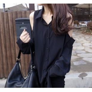 Casual Fashion new Korea Women V-neck Studs Off-shoulder long Sleeve silk blouse Chiffon Blouse shirt Top Black Free shipping