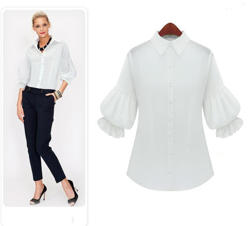 Casual fashion normic three quarter sleeve shirt lantern sleeve fifth sleeve white