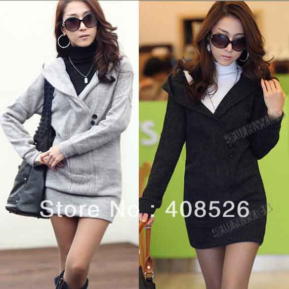 Casual Fashion Women's Long Sleeve Mid-length Sexy V-neck Knitted Sweater Hoodie Coat 3 colors free shipping 9179