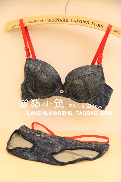 Casual faux denim vintage bra women's push up bra underwear set 7023 blue