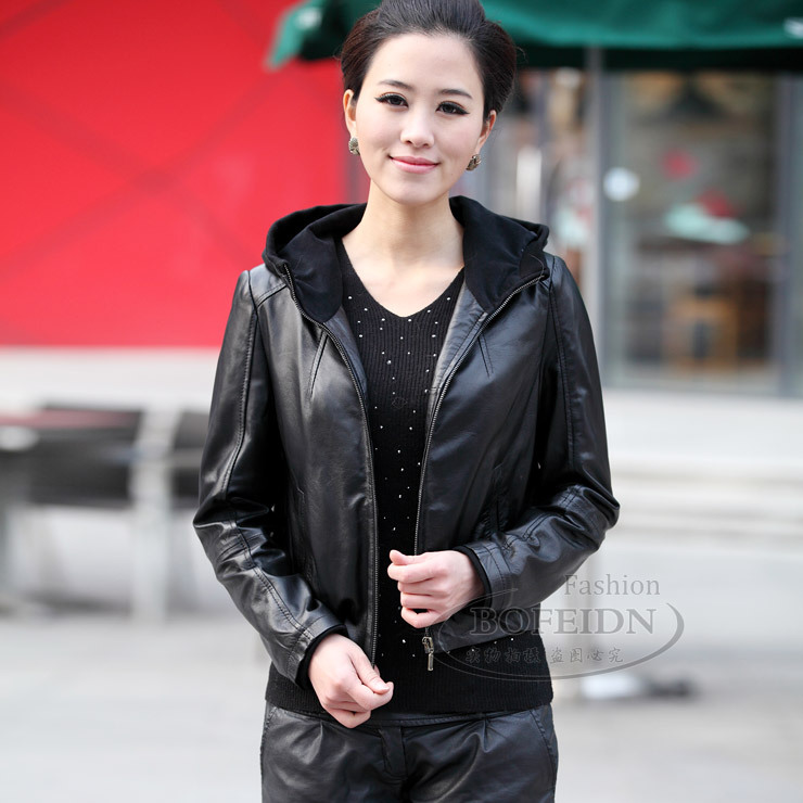 Casual genuine leather clothing all-match female women's sheepskin leather clothing short design outerwear hooded