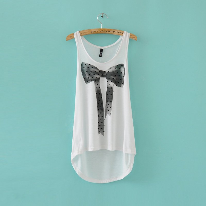 Casual hi lo long bowtie print fashion women t shirt /cotton high low tee shirt o neck sleeveless/1 piece Free shipping /FZ0711
