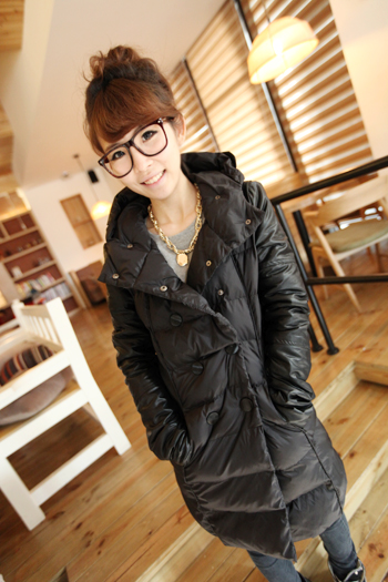 Casual hooded double breasted leather patchwork thermal down long cotton-padded jacket