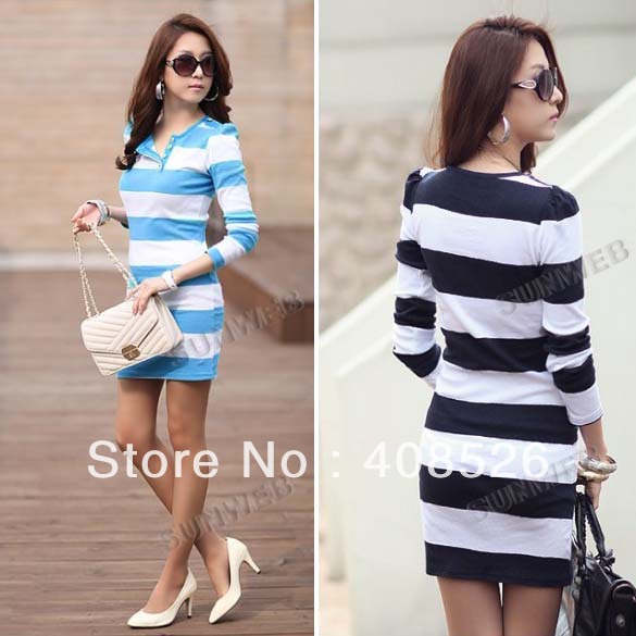 Casual Korea Women Dissymmetric Collar Long Sleeves Pullover Mini Stripes Dress 2Colors free shipping 10045
