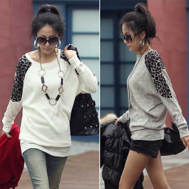 Casual Korean Womens Long Sleeve Round Neck Loose Top Leopard T-Shirt Blouse E0117