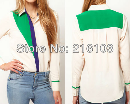 Casual Lapel Long Sleeve Patchwork Chiffon Shirt Blouse NO.0067