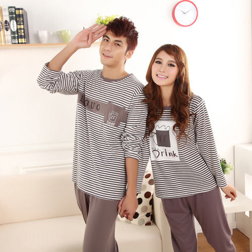 Casual long-sleeve lovers sleepwear brown stripe cup knitted 100% cotton lounge set