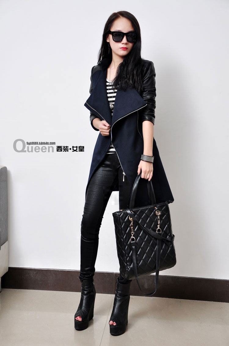 Casual medium long European style coat, leather sleeve slim woolen thick female outerwear fashion cloth online