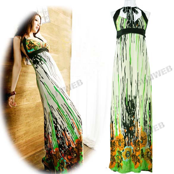 Casual Micro Fiber Charming Women's Splash Paint Strap Floral Fitting Long Dress free shipping 10402