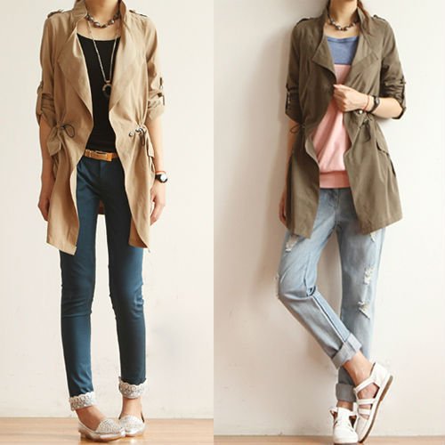 Casual Roll Up Sleeve Drawstring Trench Coat