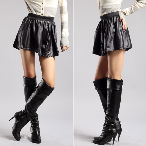 Casual short skirt matt faux leather skirt basic black skirt bust skirt women's 66733