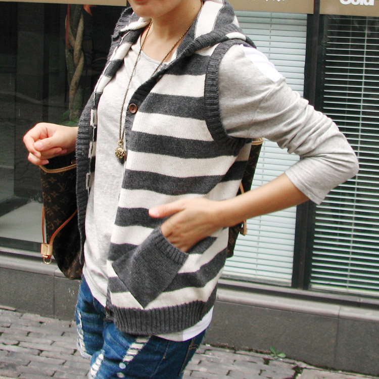 Casual stripe sweater with a hood vest sleeveless cardigan vest 2012 autumn women's