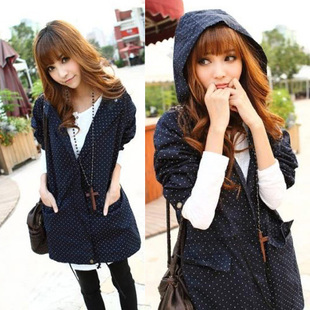 Casual with a hood drawstring trench vintage round polka dot loose outerwear long-sleeve trench