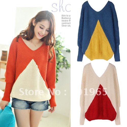 Casual Women Ladies V-neck Loose Batwing Sleeve Mixed Colors Sweater Tops LL158