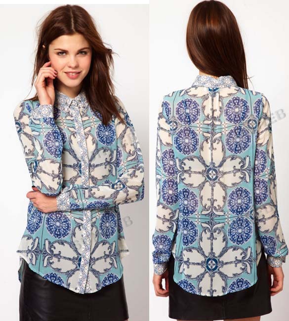 Casual Women's Europe Style Rivet Print Turndown Collar Long Sleeve Chiffon Blouse Shirt Top S,M,L Free shipping 11112