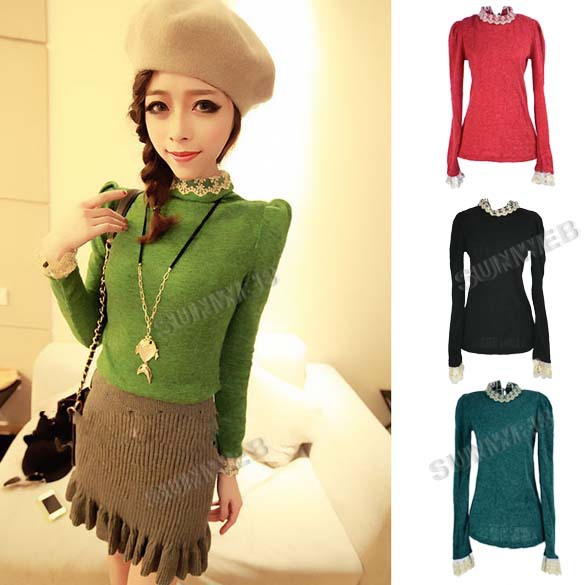 Casual Women's Lace Stand Collar Slim Fit Puff Long Sleeves Knitted Sweater Tops free shipping 9420