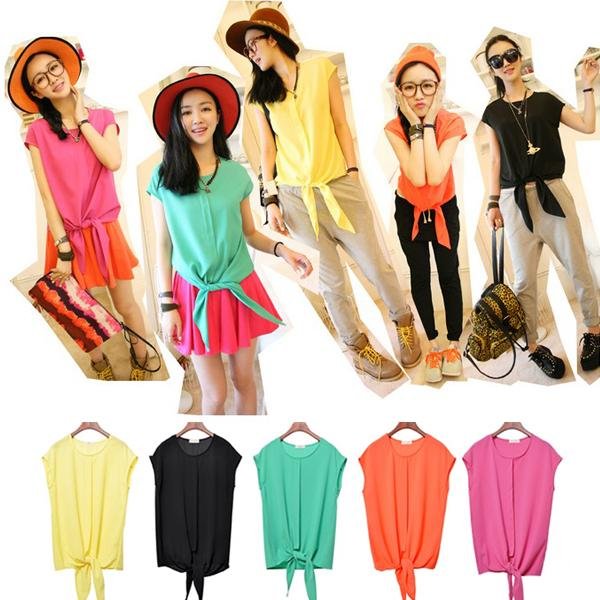 Casual Womens Candy Colors Knot Hem Short Sleeve Chiffon Tops Blouse Shirt A1373