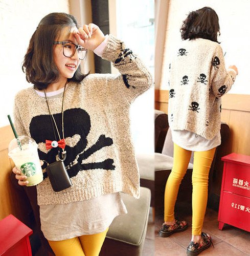 Casual Womens Long Bat Sleeve Skull Loose Knitted Sweater Pullover Coat S801#