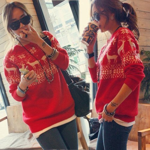 Casual Womens Red Merry Xmas Snow Deer Sweater Knitting Knitwear Jumpers Long Sleeve Wholesale