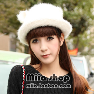 Cat ears cap leather cape plush hare dome hat bucket hats women's autumn and winter thermal